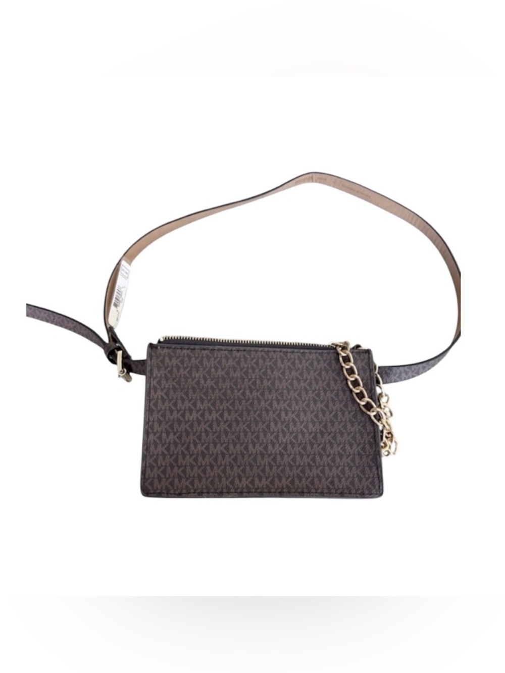 NWT Michael Kors Signature logo brown XL belt bag with a gold tone chain